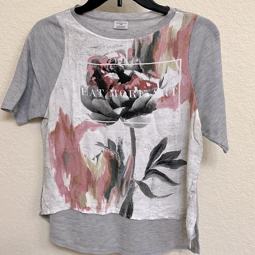 Zara W&B Collection Floral Eat More Art Print Cropped Shirt - Picture 2 of 4